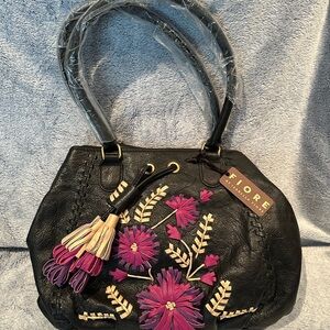 Isabella Fiore Black Bag with Purple Floral Embroidery